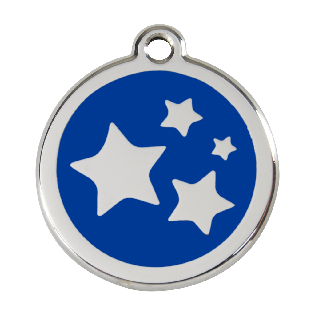 Stainless steel dog ID tag with blue enamel star and dog icons