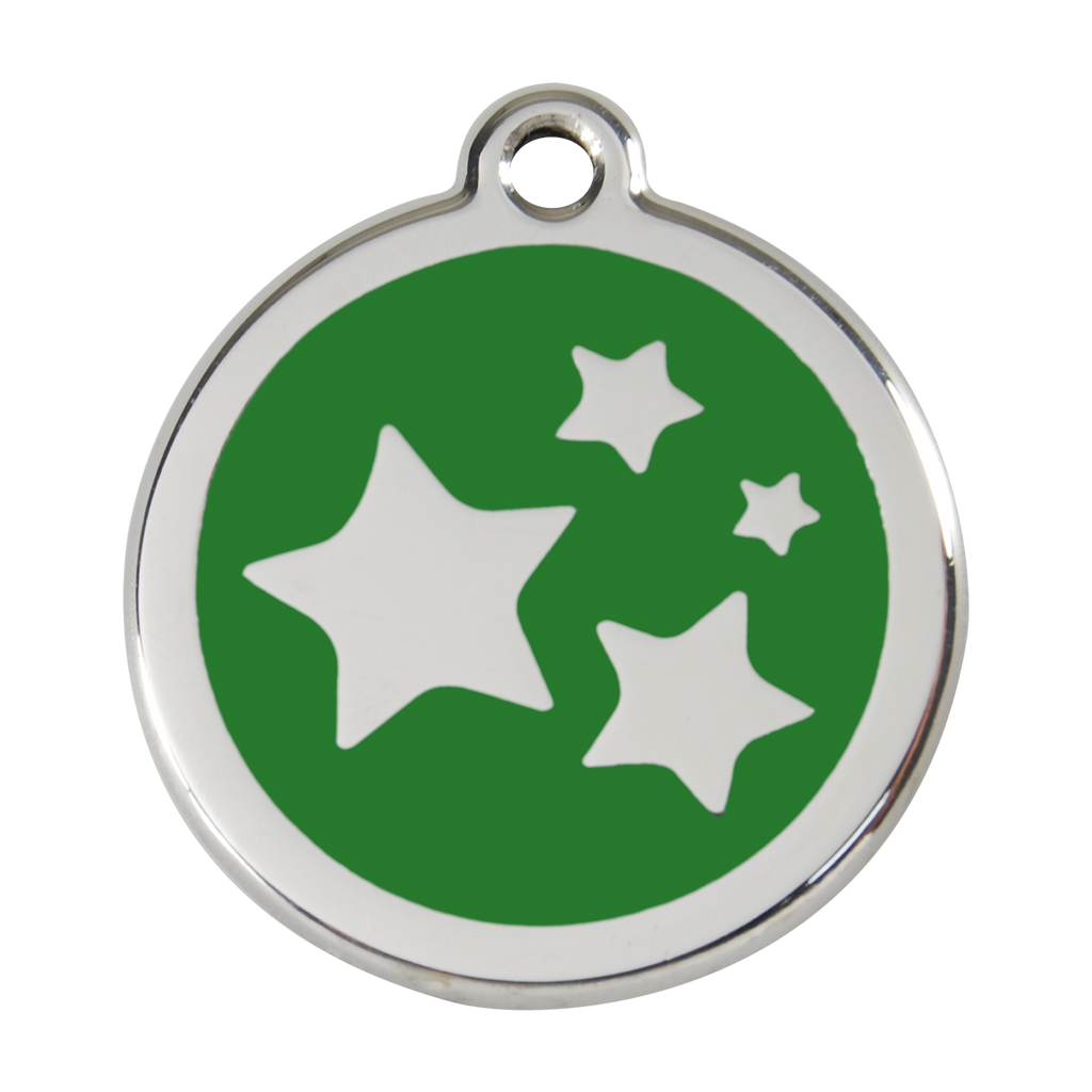 Stainless steel dog ID tag with green enamel star and dog icons