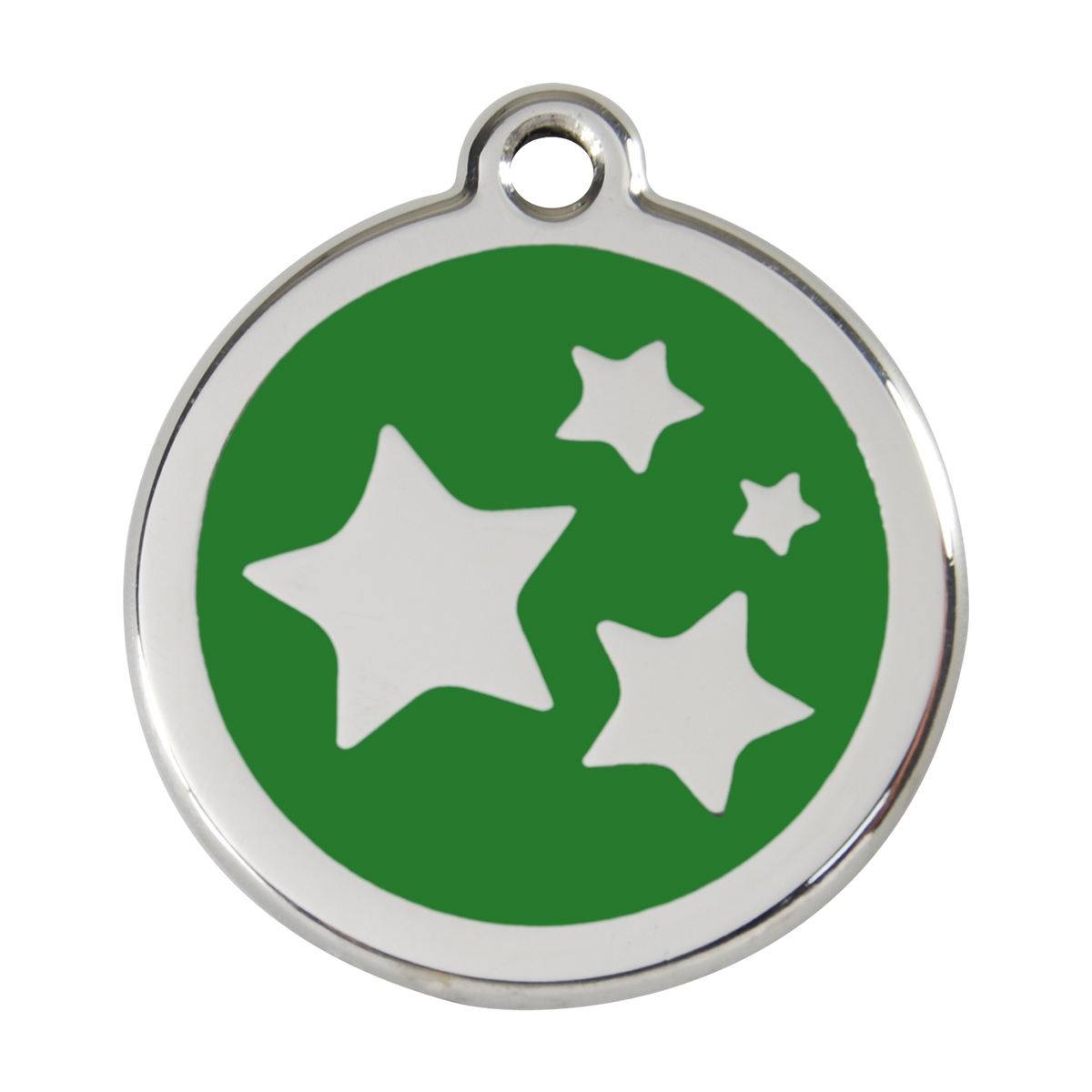 Stainless steel dog ID tag with green enamel star and dog icons