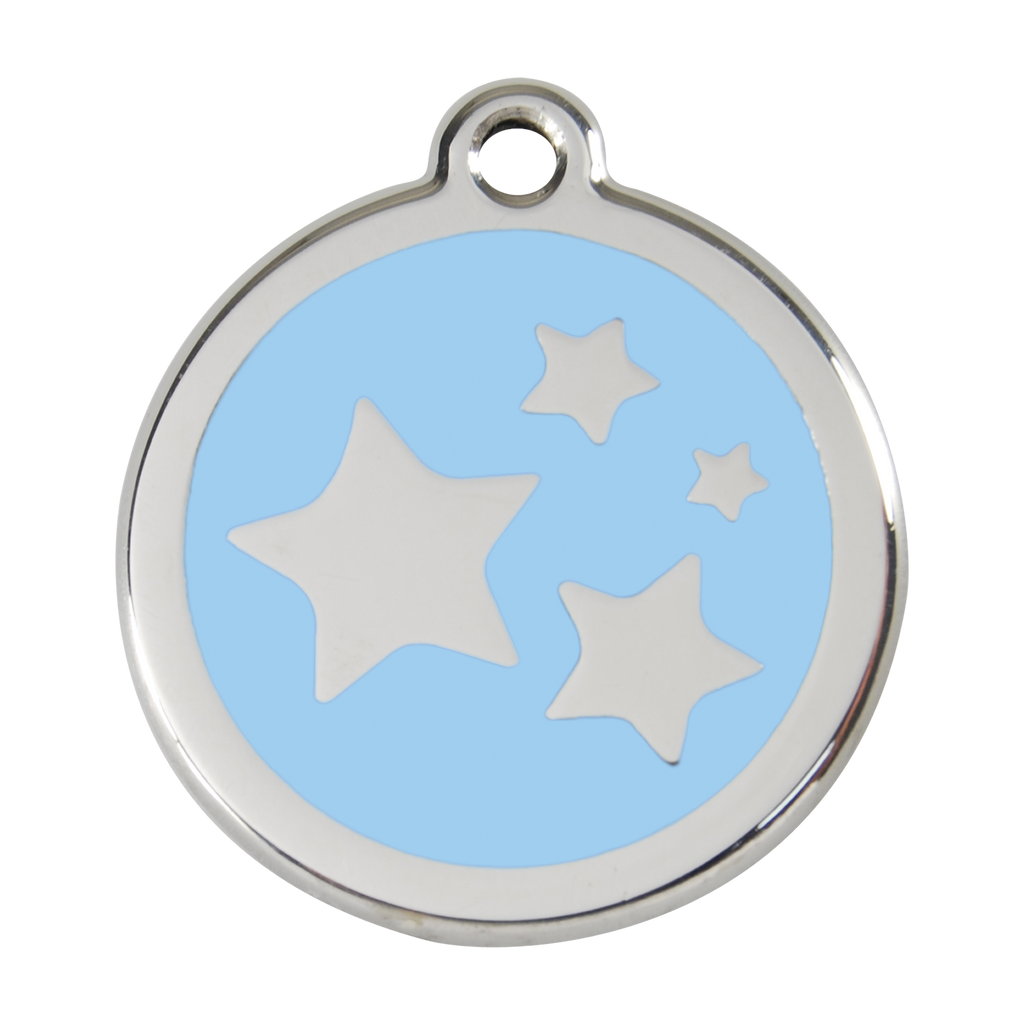 Stainless steel dog ID tag with light blue enamel star and dog icons