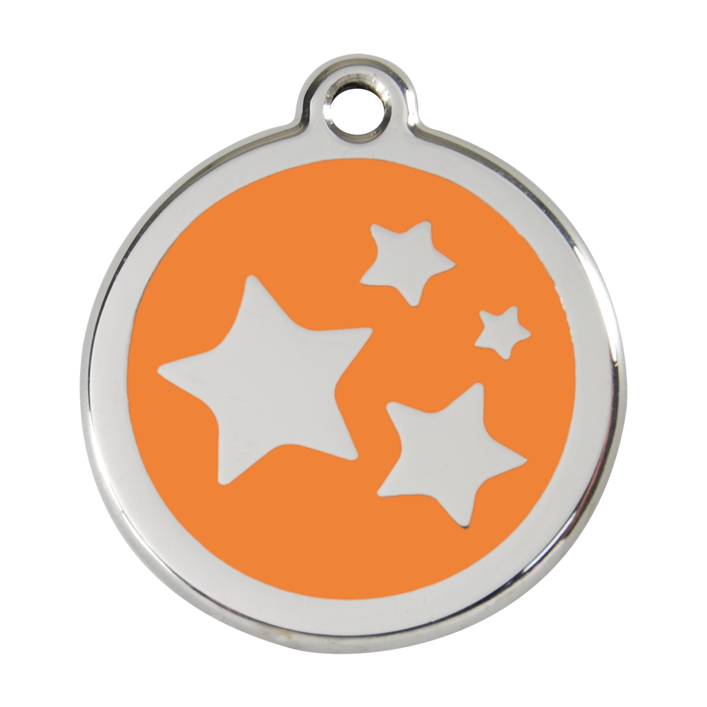Stainless steel dog ID tag with orange enamel star and dog icons