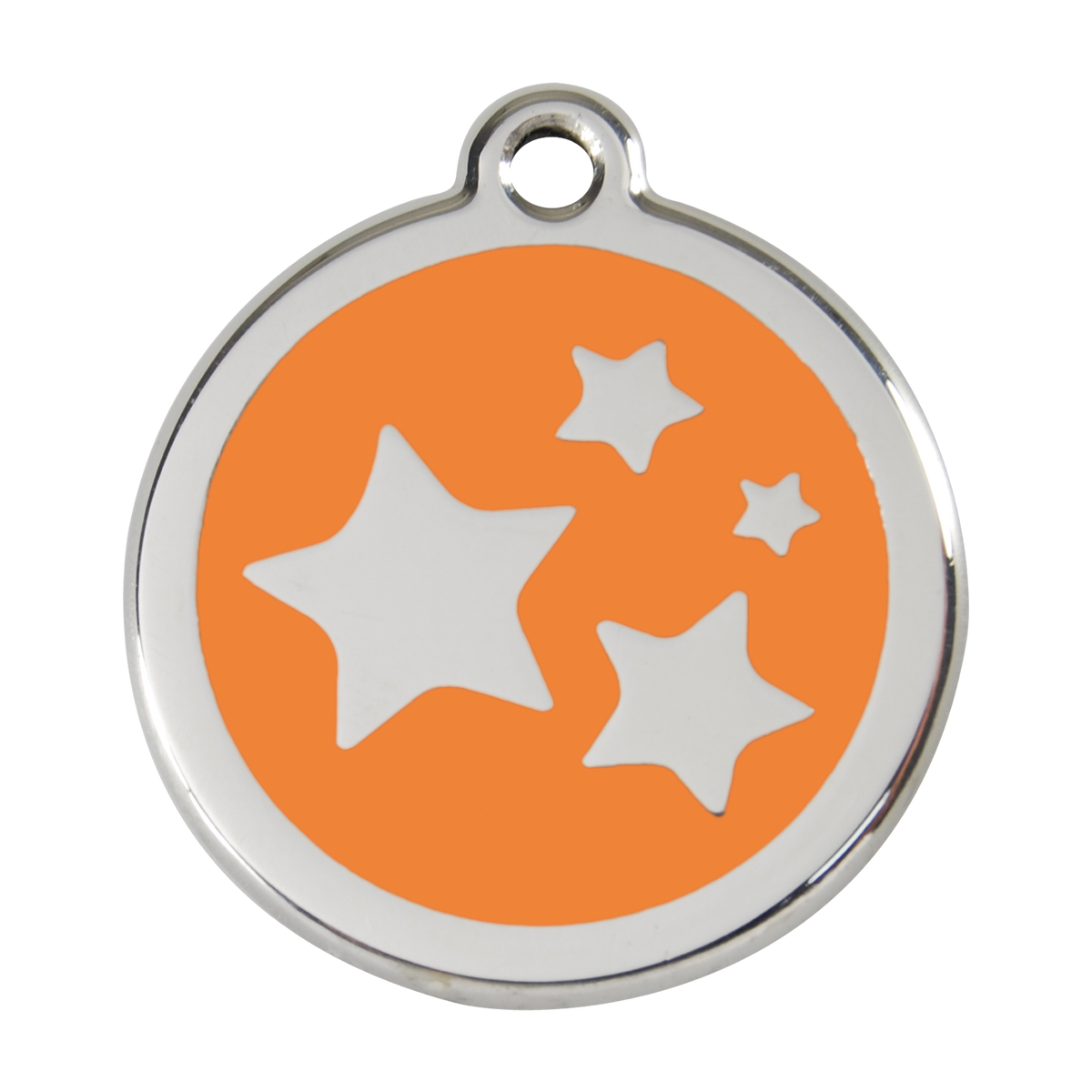 Stainless steel dog ID tag with orange enamel star and dog icons