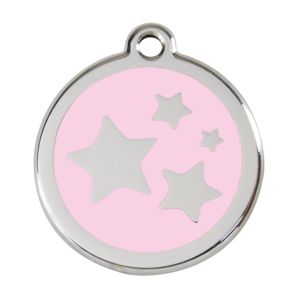 Stainless steel dog ID tag with pink enamel star and dog icons