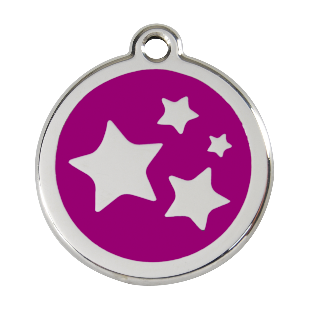 Red Dingo stainless steel dog ID tag with purple enamel and white star cutouts