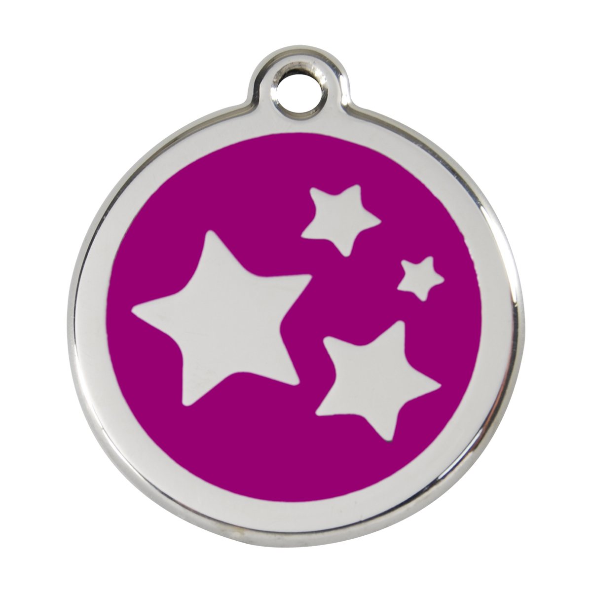 Red Dingo stainless steel dog ID tag with purple enamel and white star cutouts
