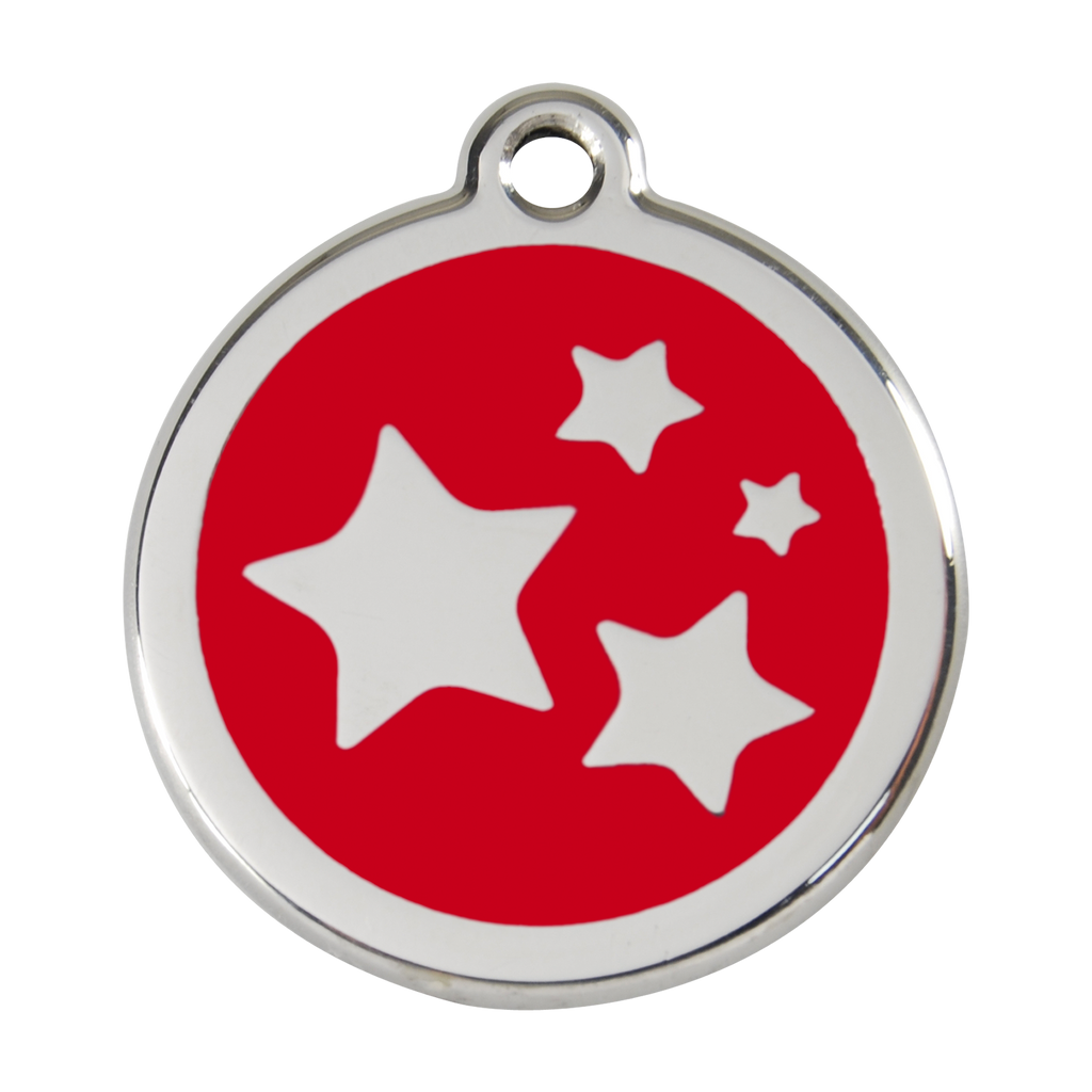 Stainless steel dog ID tag with red enamel star and dog icons