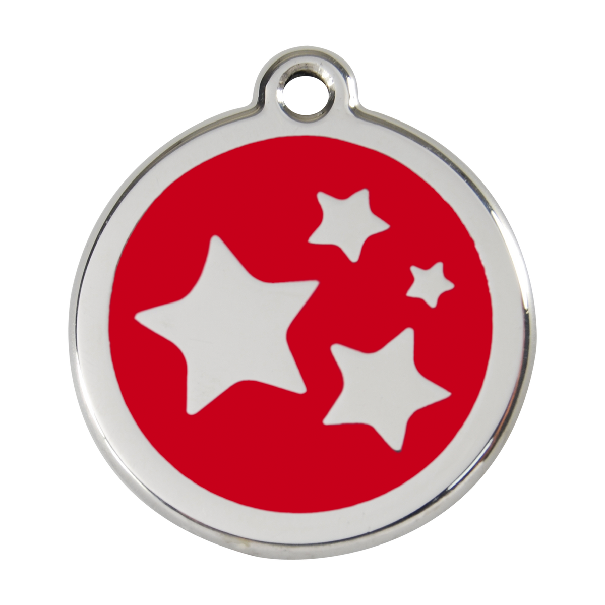 Stainless steel dog ID tag with red enamel star and dog icons