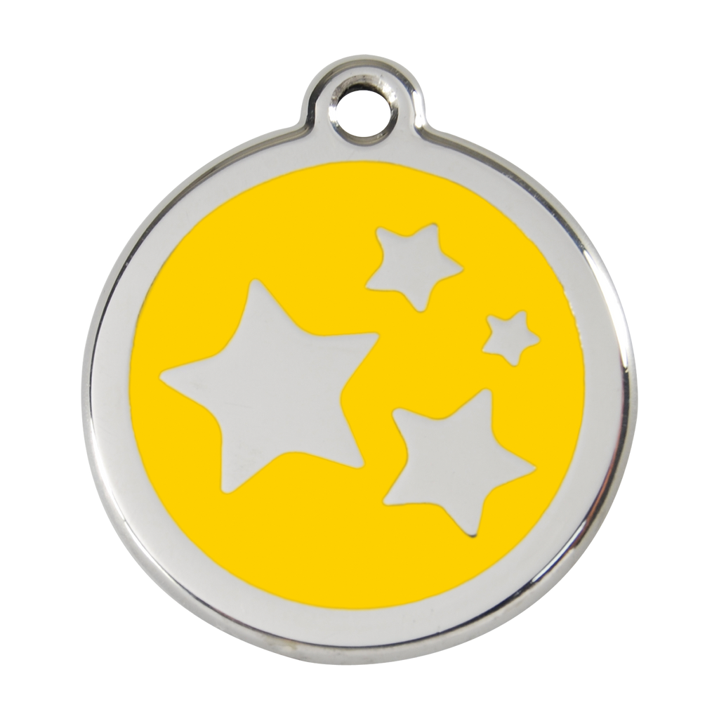 Stainless steel dog ID tag with yellow enamel star and dog icons