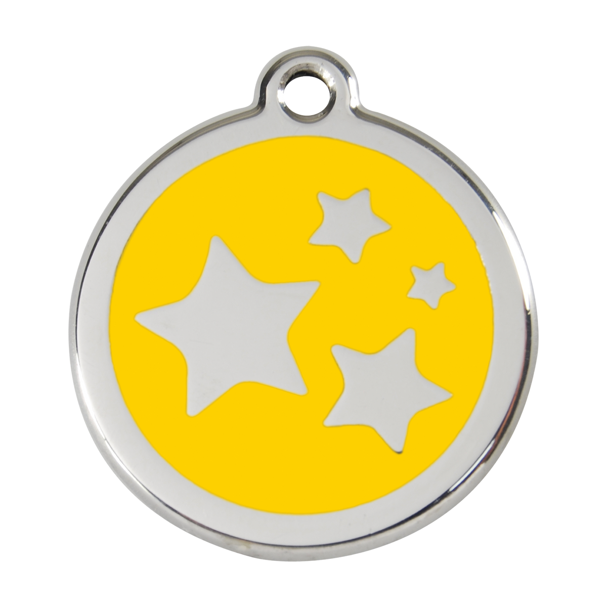 Stainless steel dog ID tag with yellow enamel star and dog icons