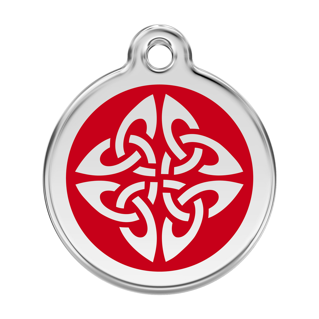 Red Dingo enamel dog ID tag, round red with white tribal arrow design, silver ring and loop