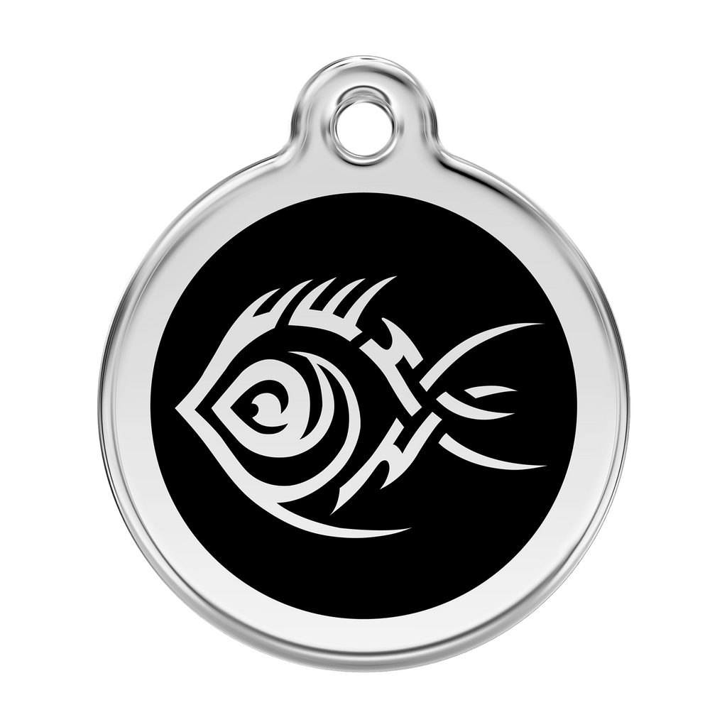 Stainless steel dog ID tag with black enamel tribal fish design