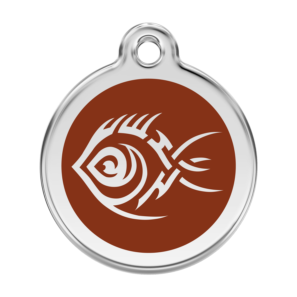 Stainless steel dog ID tag with brown enamel tribal fish design