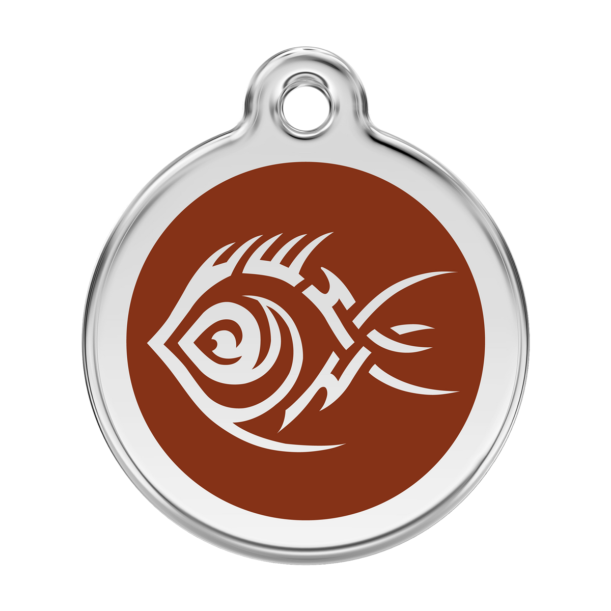 Stainless steel dog ID tag with brown enamel tribal fish design