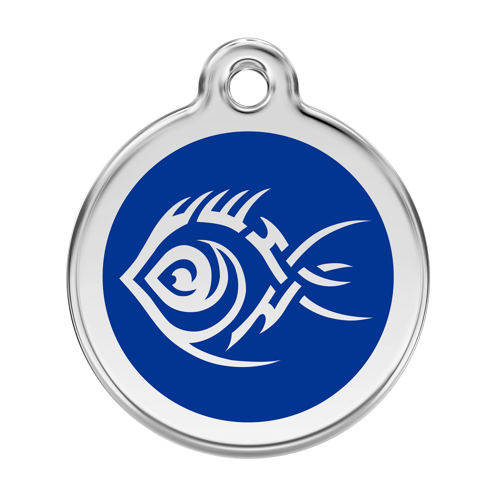 Stainless steel dog ID tag with dark blue enamel tribal fish design
