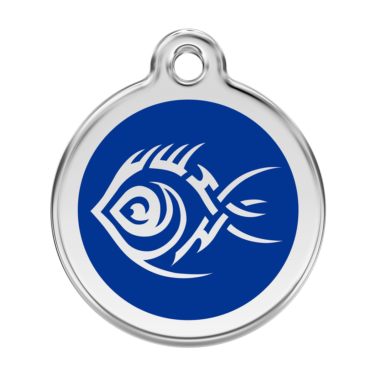 Stainless steel dog ID tag with dark blue enamel tribal fish design
