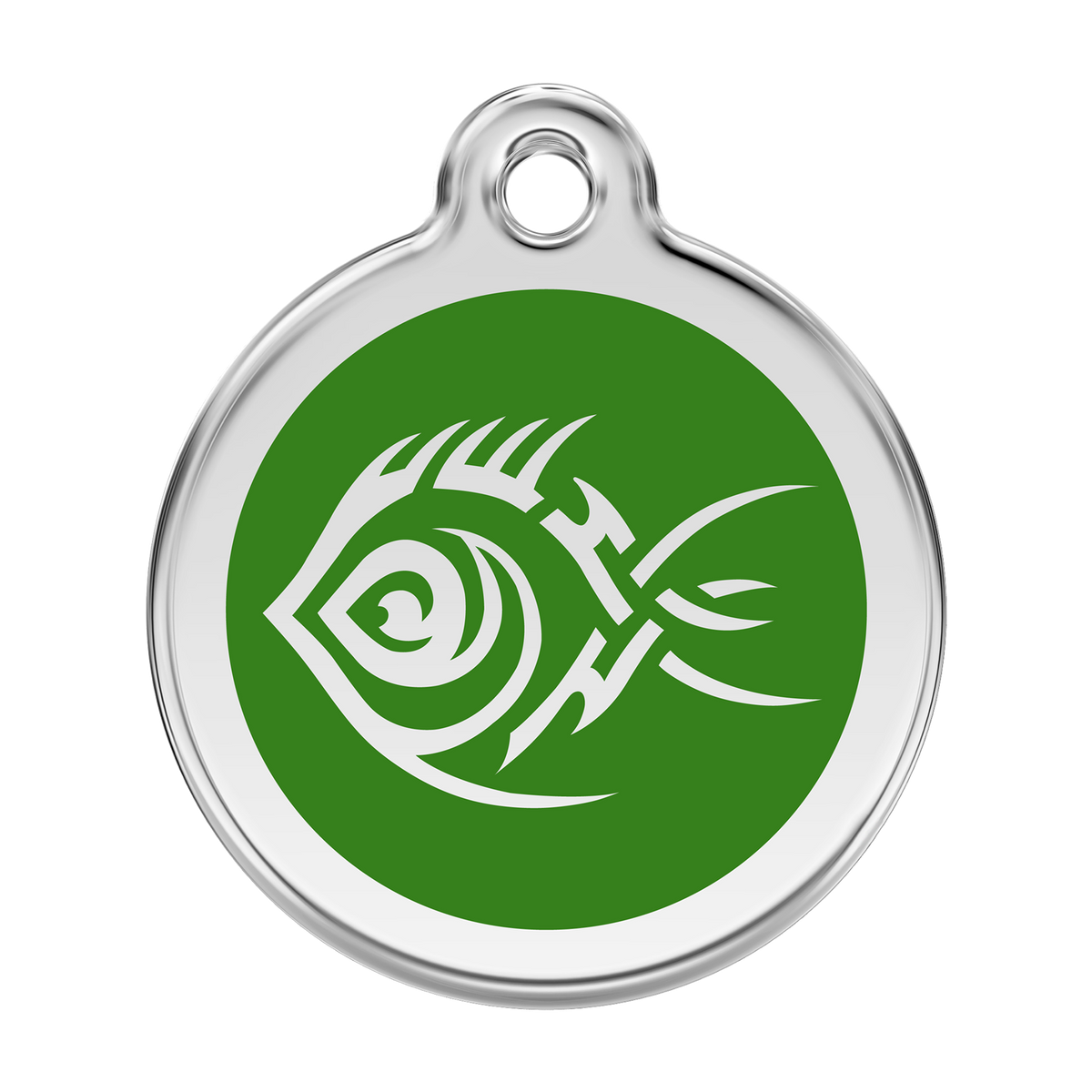 Stainless steel dog ID tag with green enamel tribal fish design