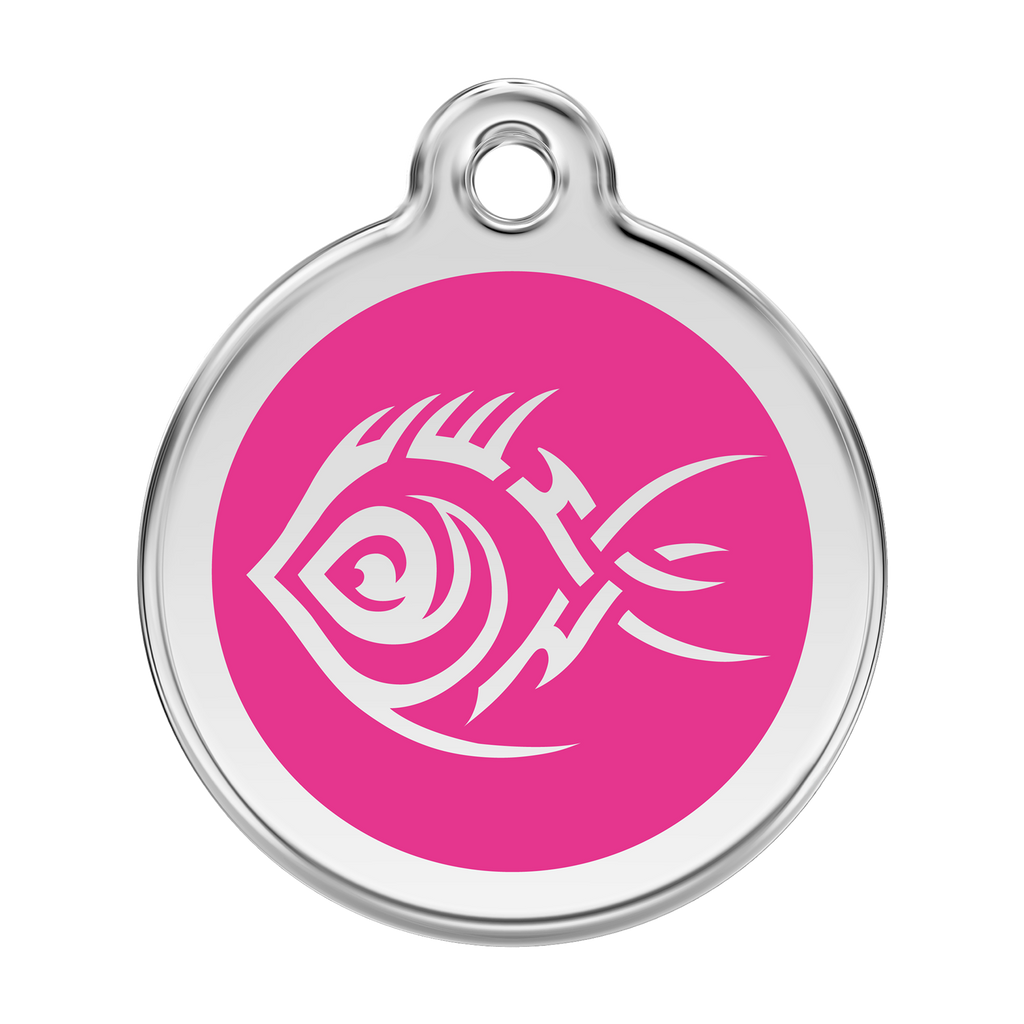 Stainless steel dog ID tag with hot pink enamel tribal fish design