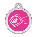 Stainless steel dog ID tag with hot pink enamel tribal fish design