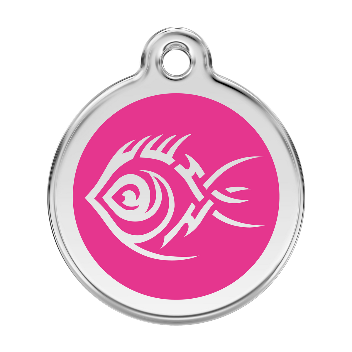 Stainless steel dog ID tag with hot pink enamel tribal fish design