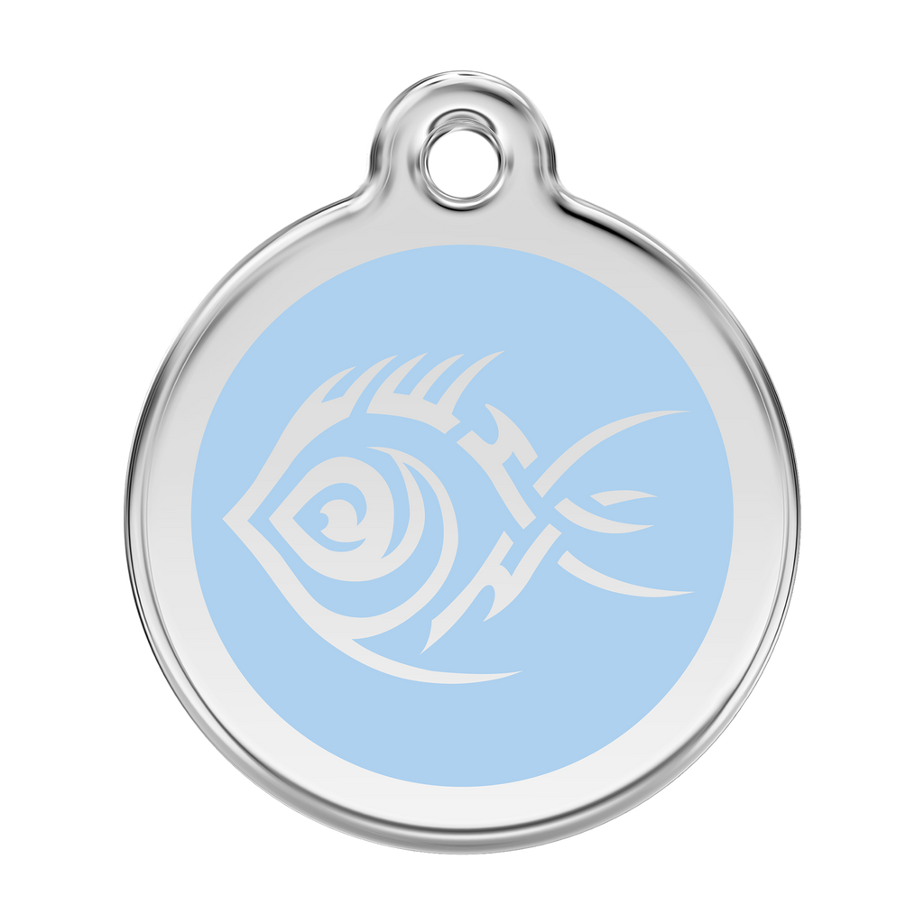 Stainless steel dog ID tag with light blue enamel tribal fish design