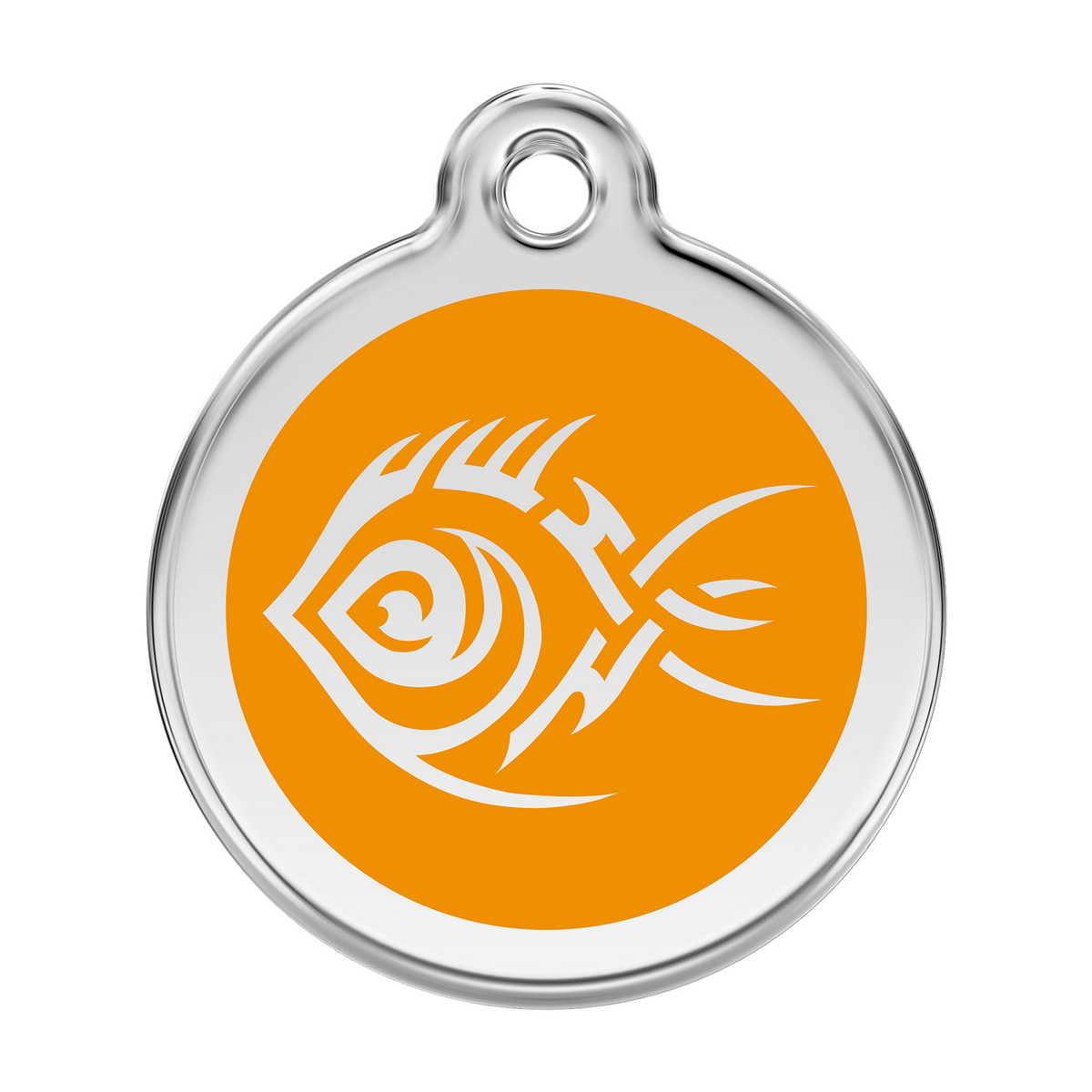 Stainless steel dog ID tag with orange enamel tribal fish design