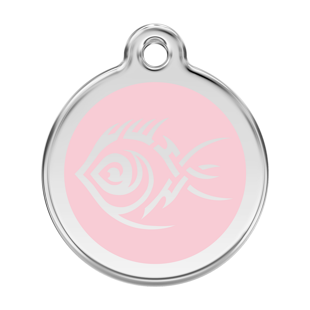 Stainless steel dog ID tag with pink enamel tribal fish design