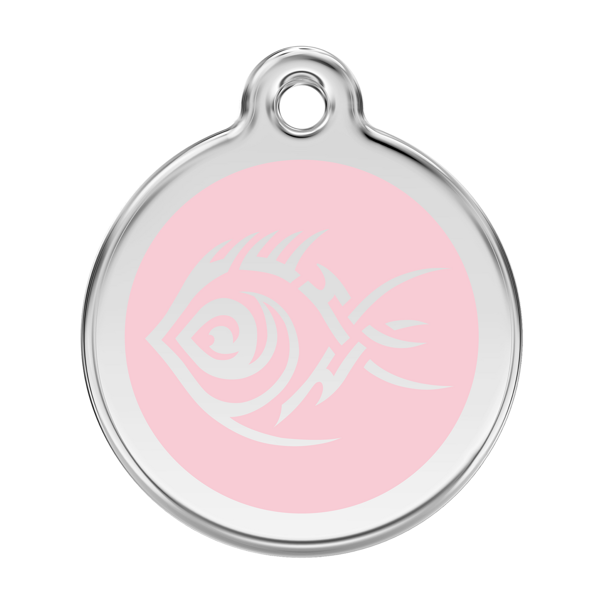 Stainless steel dog ID tag with pink enamel tribal fish design