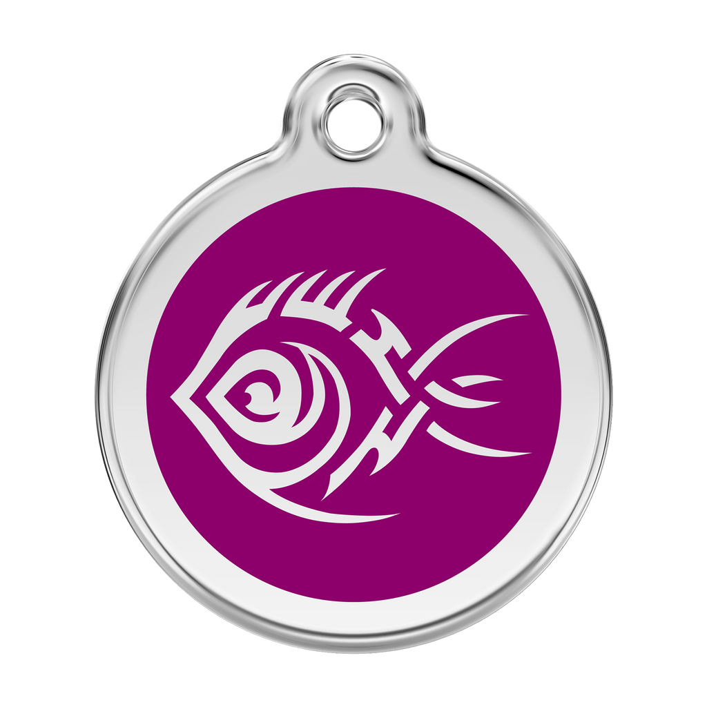 Stainless steel dog ID tag with purple enamel tribal fish design