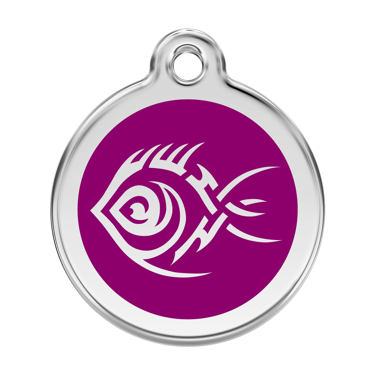 Stainless steel dog ID tag with purple enamel tribal fish design