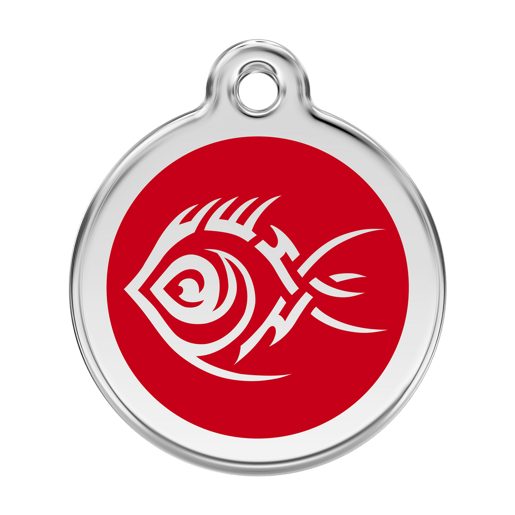 Stainless steel dog ID tag with red enamel tribal fish design
