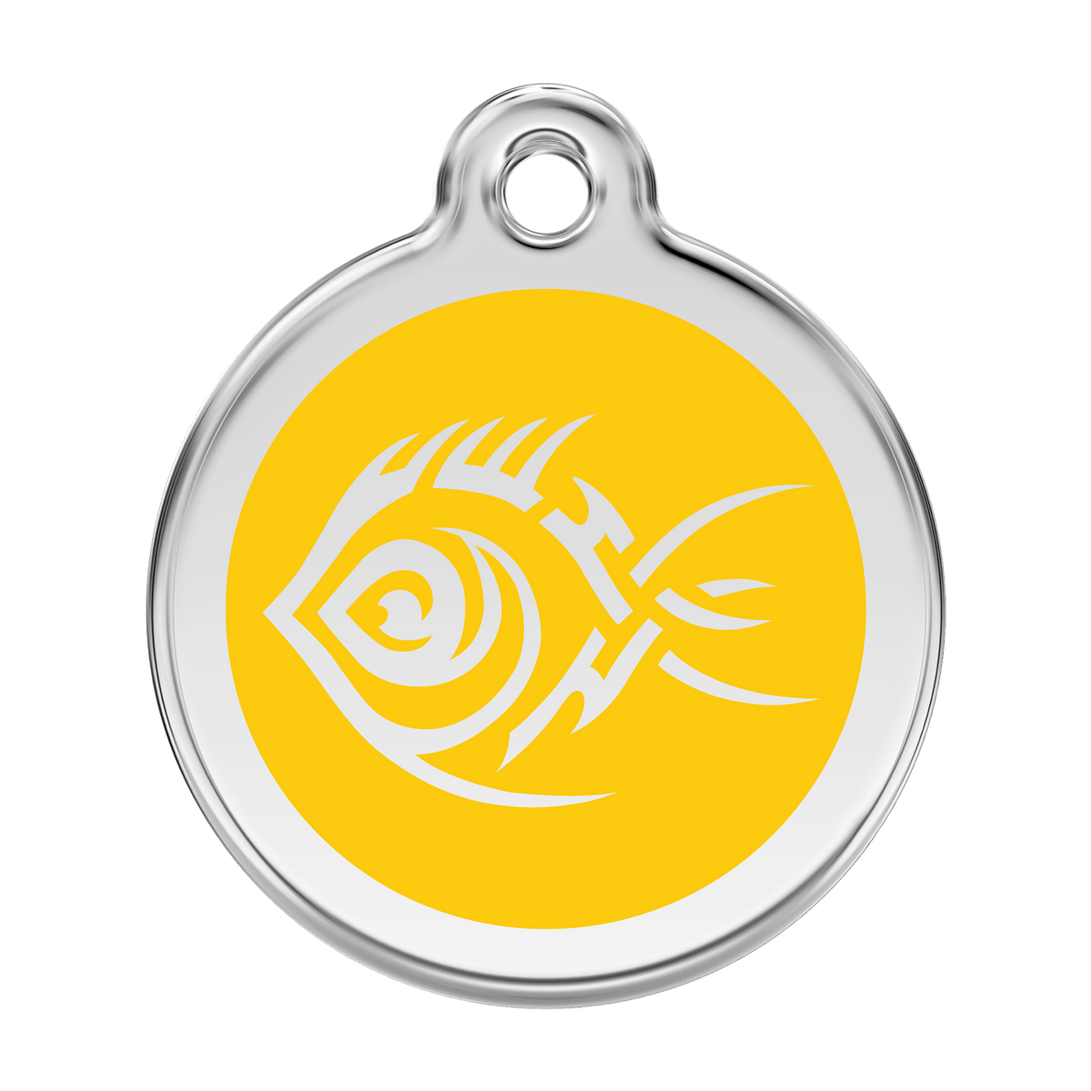 Yellow enamel fish tribal dog ID tag with stainless steel ring