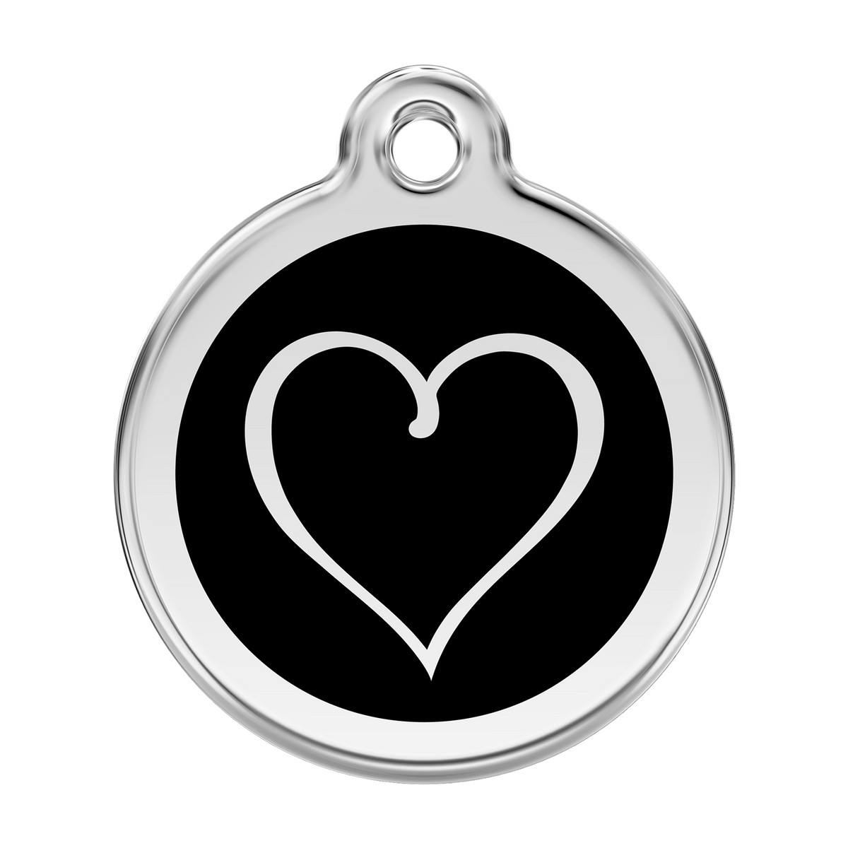 Stainless steel dog ID tag with black heart emblem and hanging hole