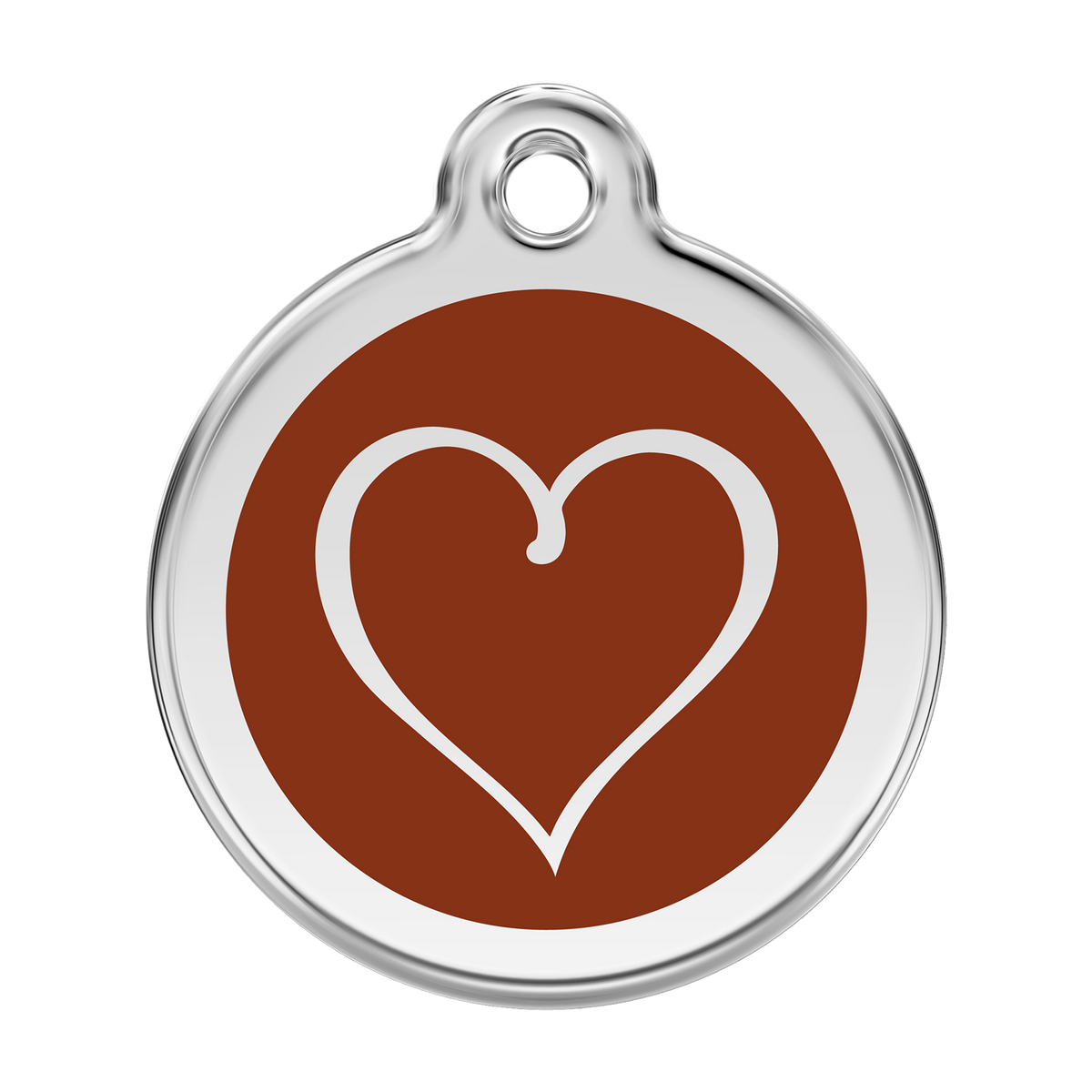 Stainless steel dog ID tag with brown heart emblem and hanging hole