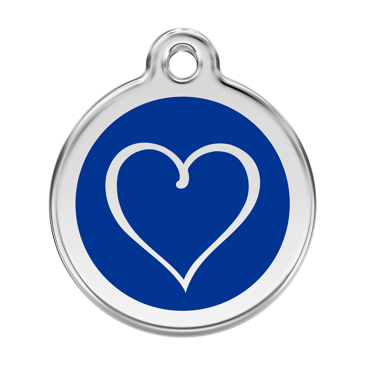 Stainless steel dog ID tag with dark blue heart emblem and hanging hole