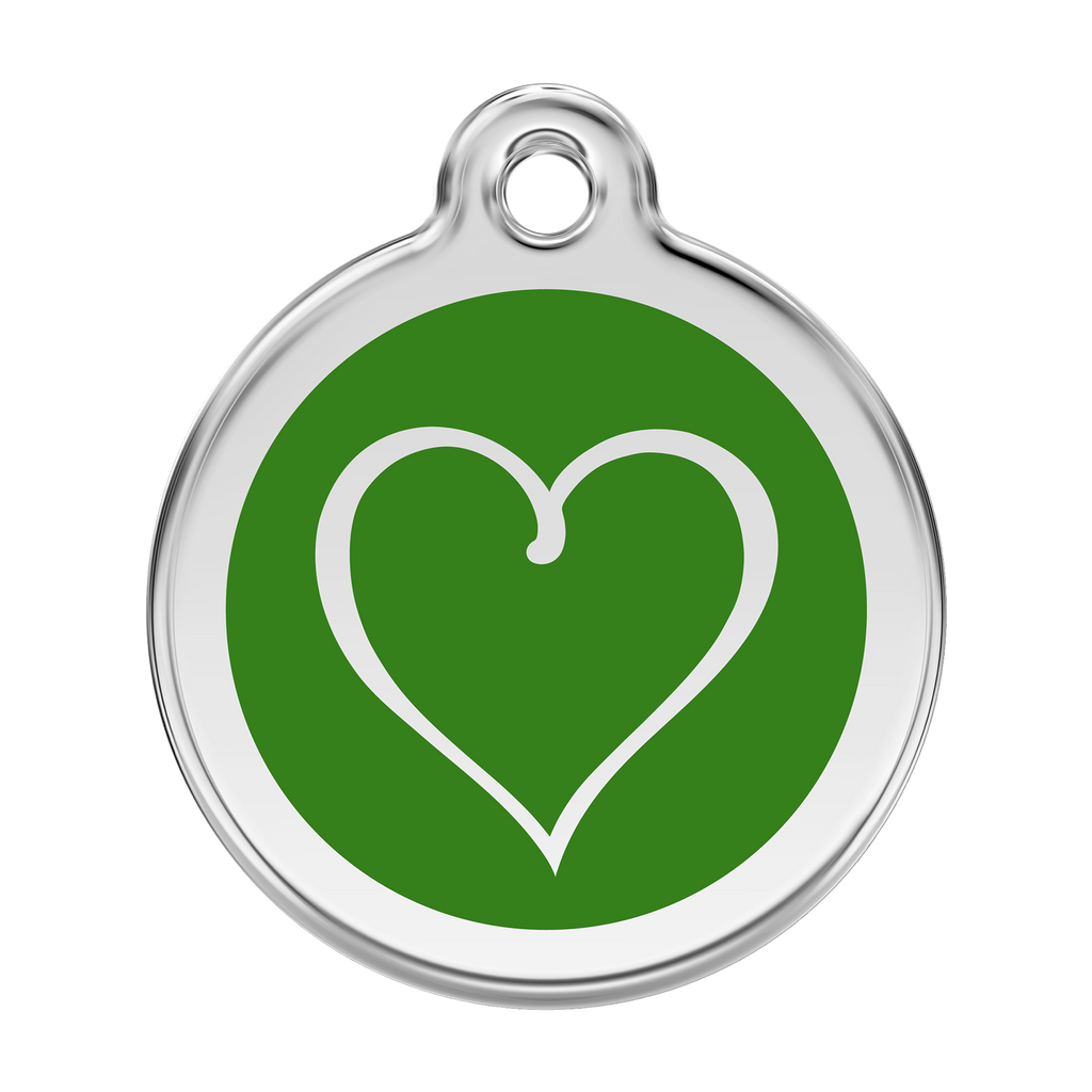 Stainless steel dog ID tag with green heart emblem and hanging hole