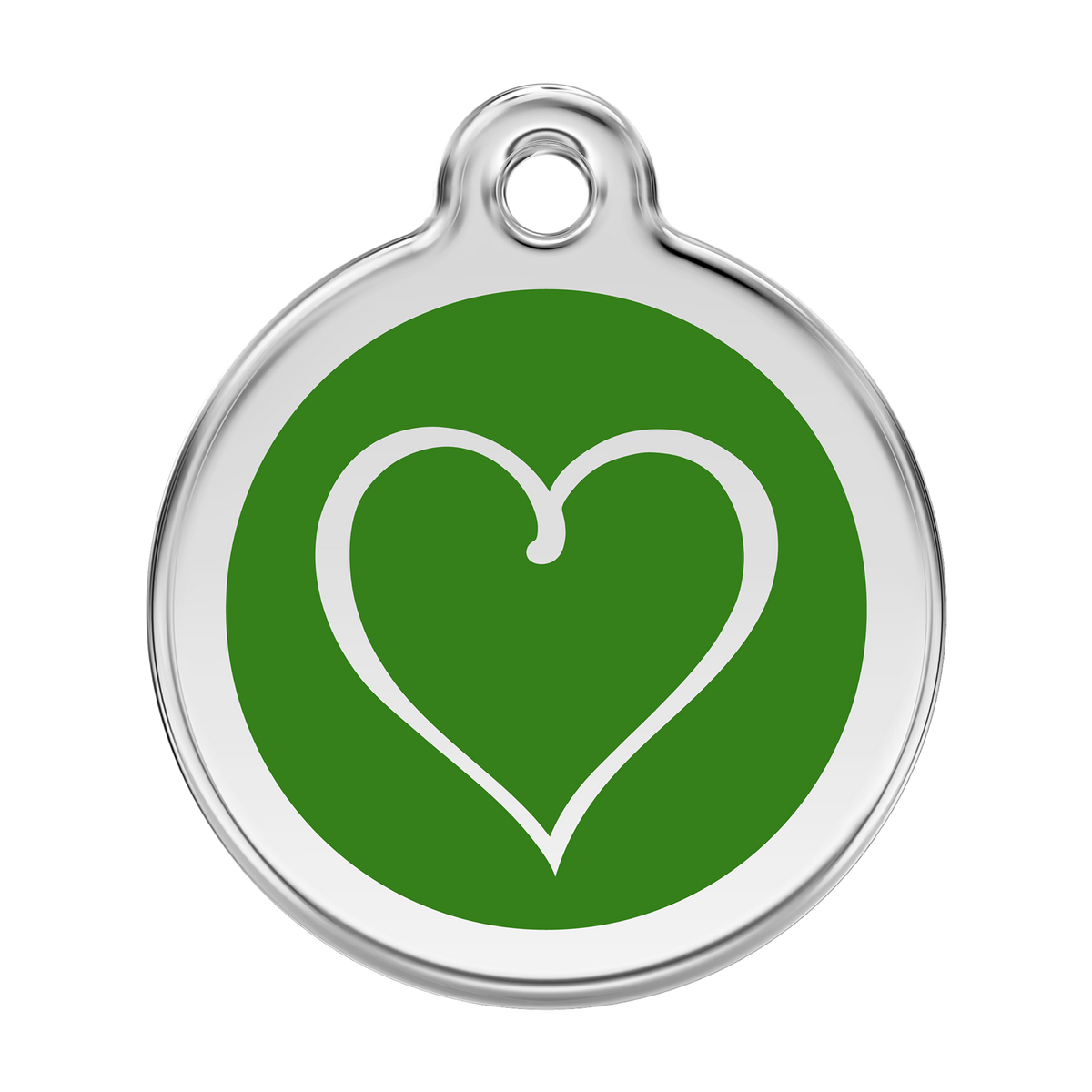 Stainless steel dog ID tag with green heart emblem and hanging hole