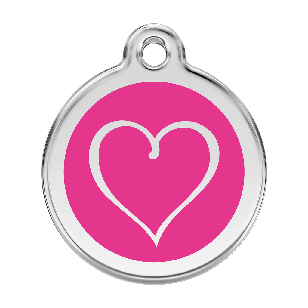 Stainless steel dog ID tag with pink heart emblem and hanging hole