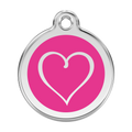 Stainless steel dog ID tag with pink heart emblem and hanging hole
