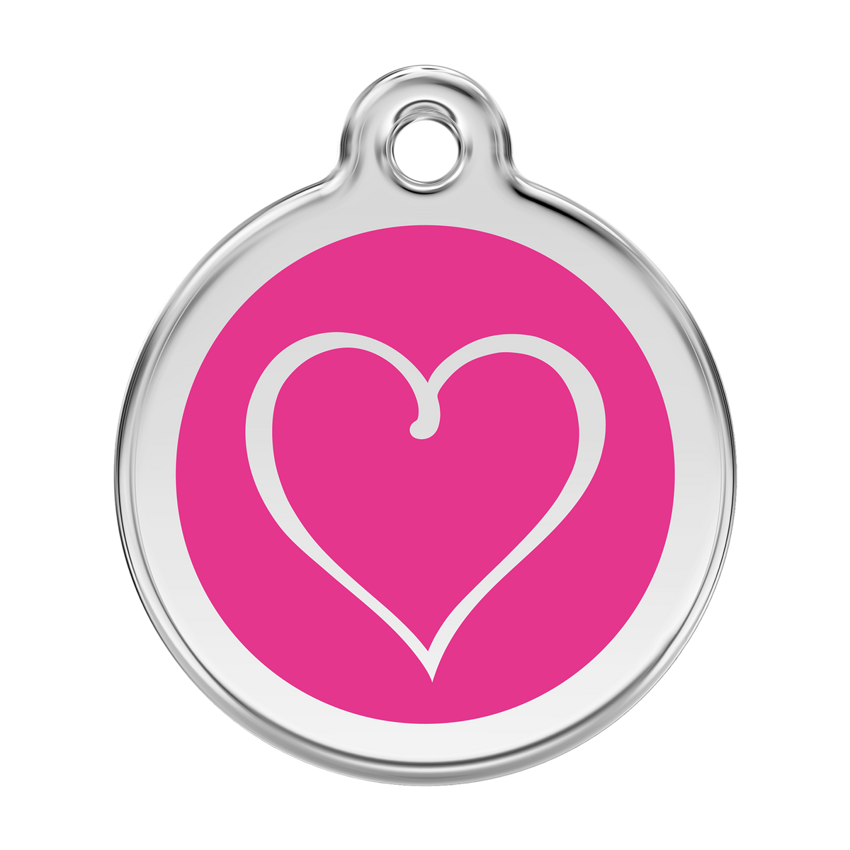 Stainless steel dog ID tag with pink heart emblem and hanging hole