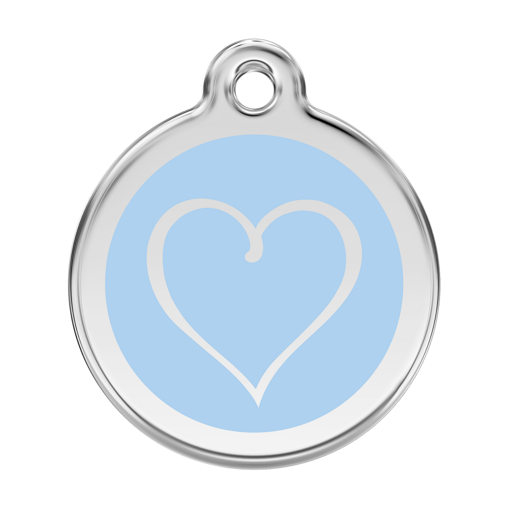 Stainless steel dog ID tag with light blue heart emblem and hanging hole