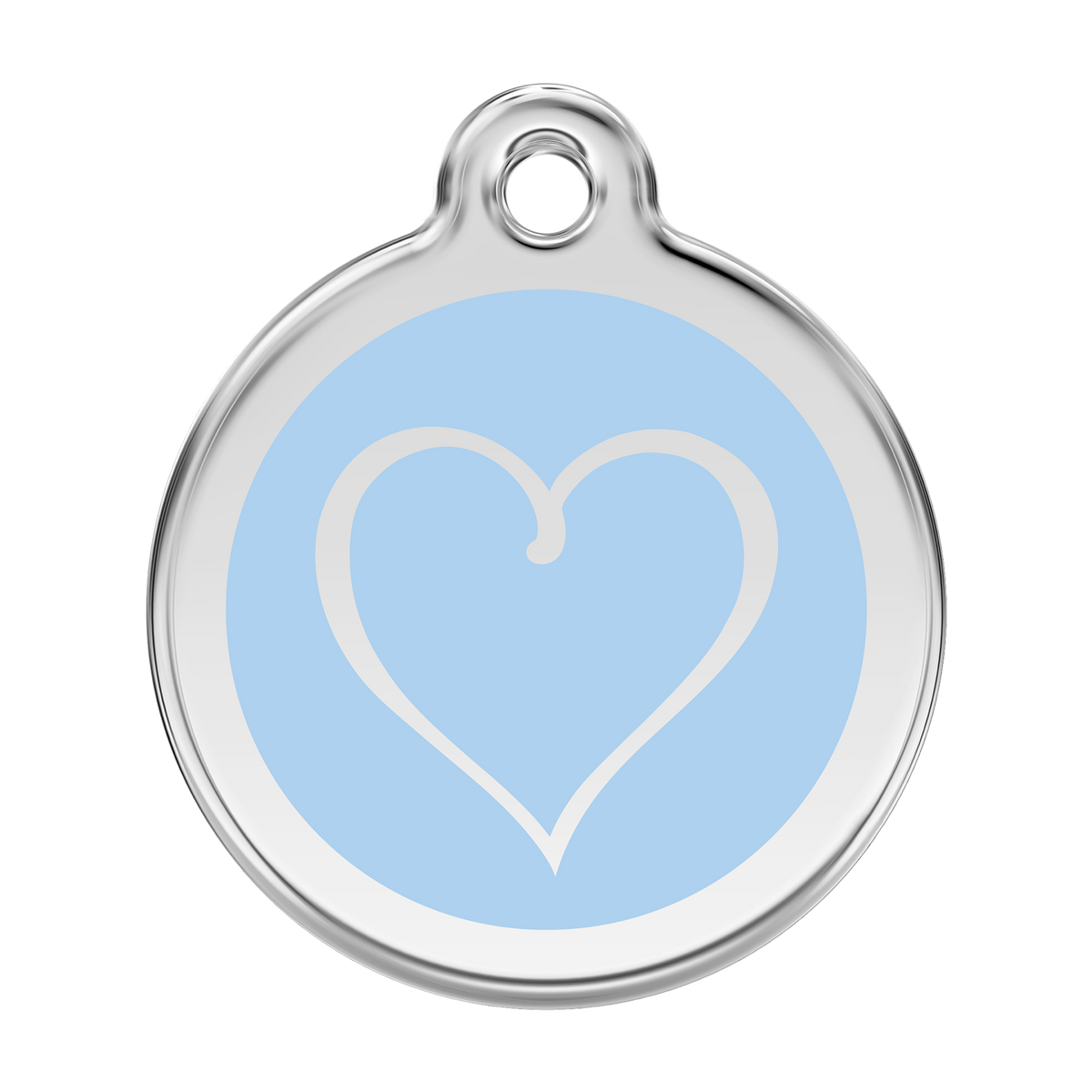 Stainless steel dog ID tag with light blue heart emblem and hanging hole