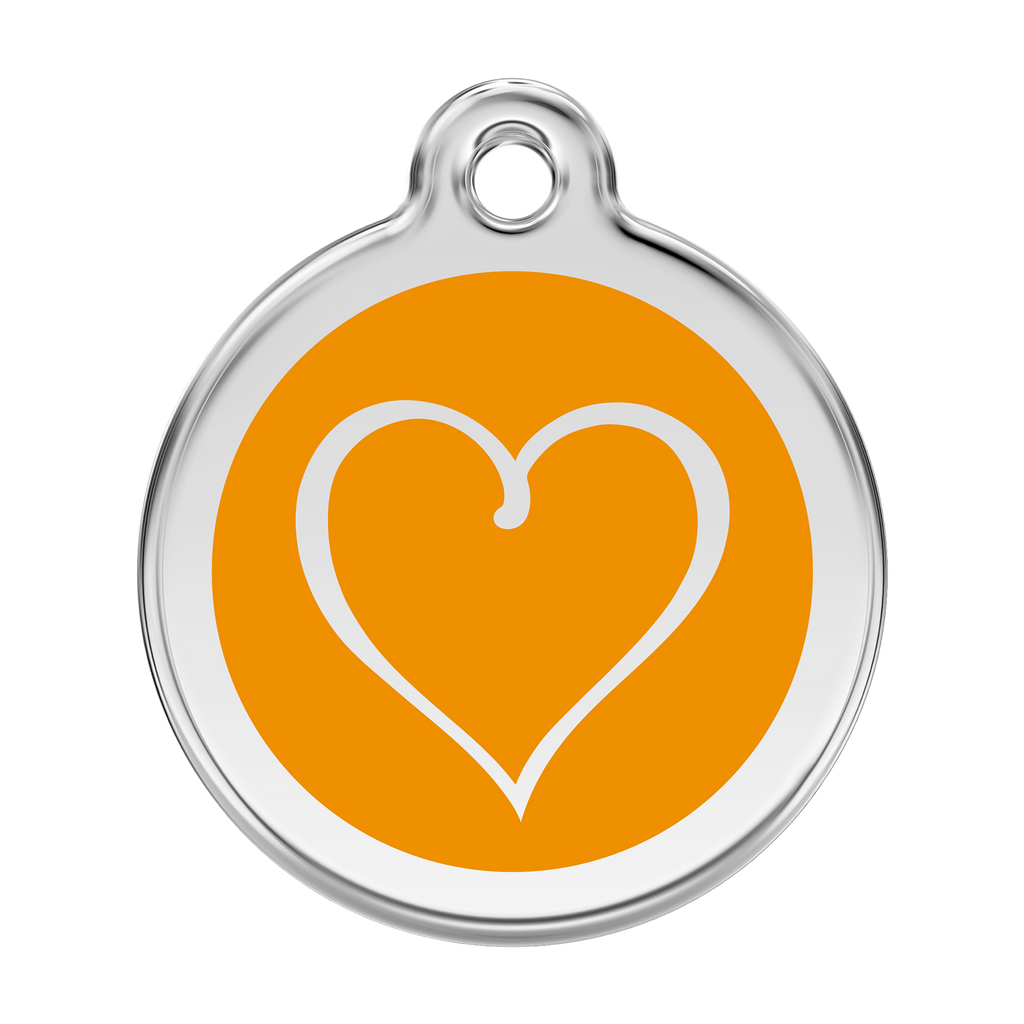 Stainless steel dog ID tag with orange heart emblem and hanging hole