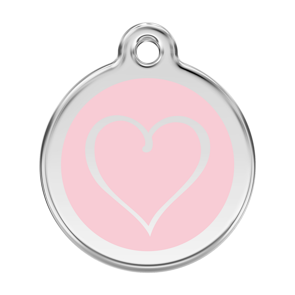Stainless steel dog ID tag with light pink heart emblem and hanging hole