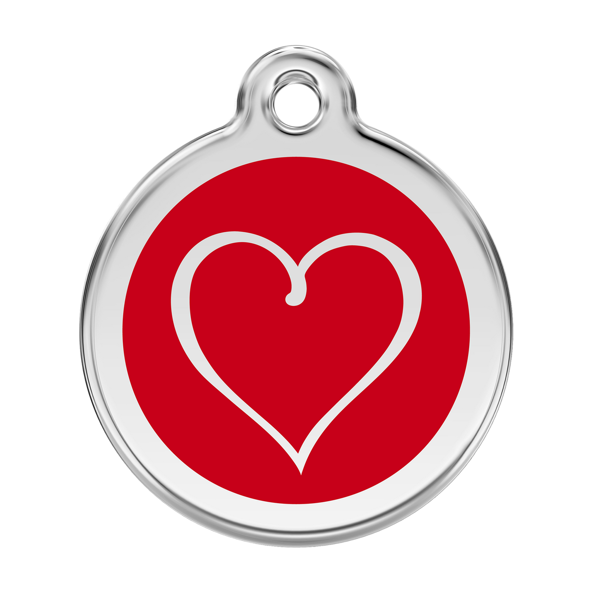Stainless steel dog ID tag with red heart emblem and hanging hole