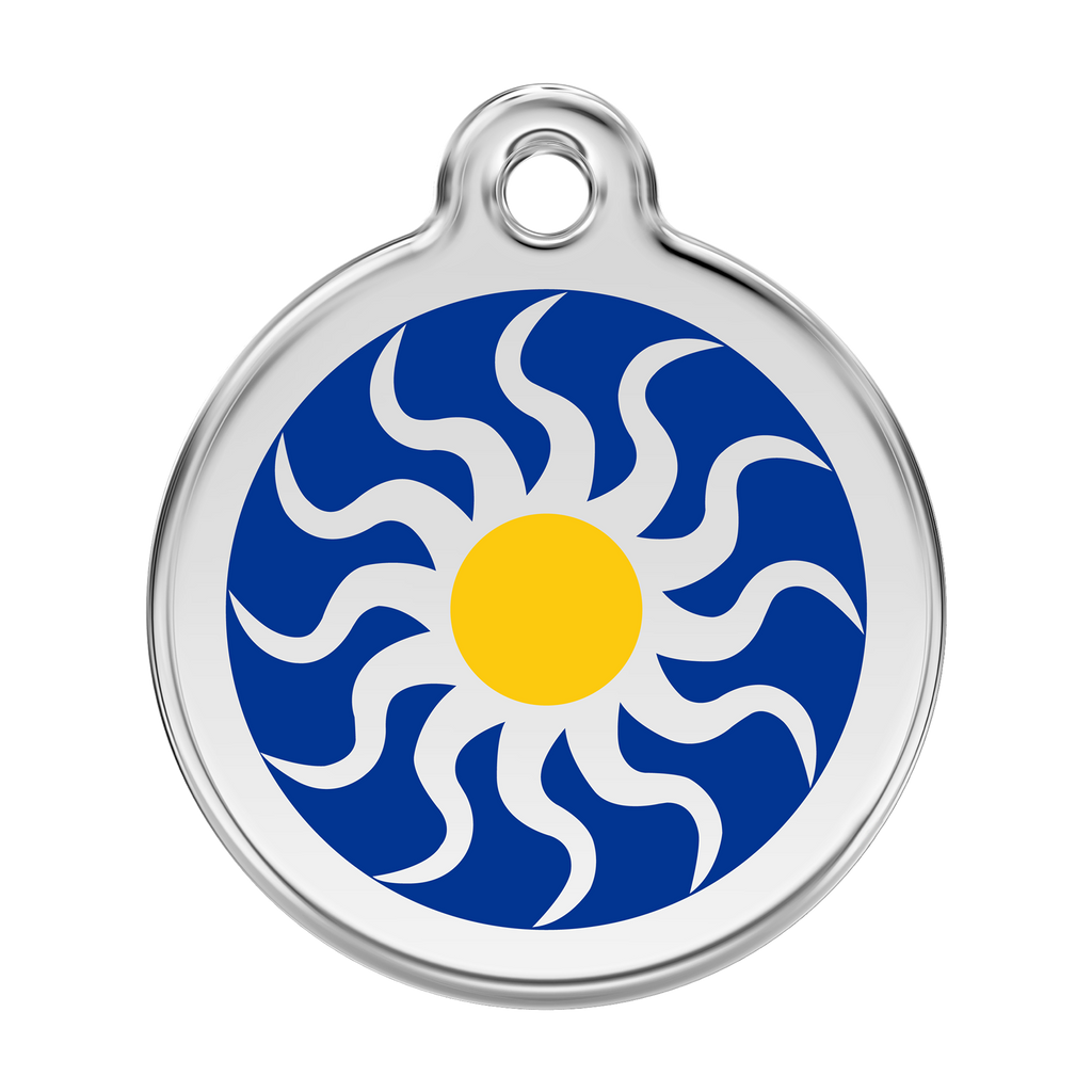 Stainless steel dog ID tag with blue tribal sun and yellow enamel center