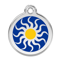 Stainless steel dog ID tag with blue tribal sun and yellow enamel center