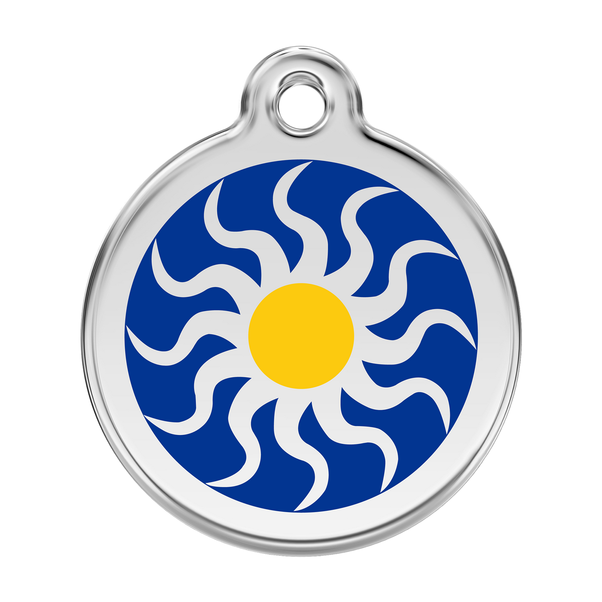 Stainless steel dog ID tag with blue tribal sun and yellow enamel center
