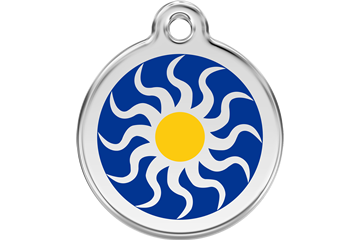Round stainless steel dog ID tag with blue sunburst enamel and yellow center