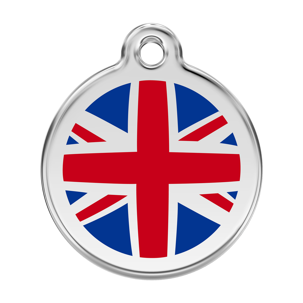 Stainless steel dog ID tag with Union Jack enamel flag and hanging loop