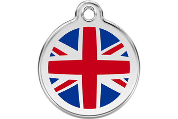 Stainless steel Union Jack enamel dog ID tag, round with top hanging loop